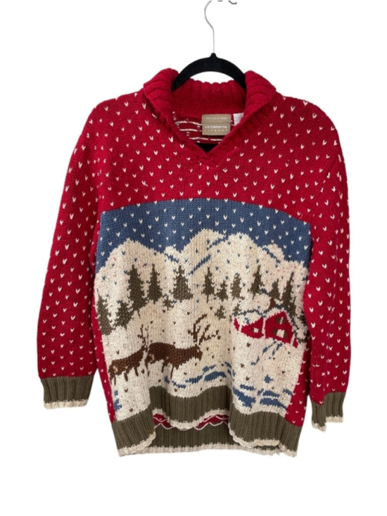 Liz Claiborne Sweaters - Liz Claiborne Vintage Red Christmas Scenic Hand Knit Sweater Winter Cabin M